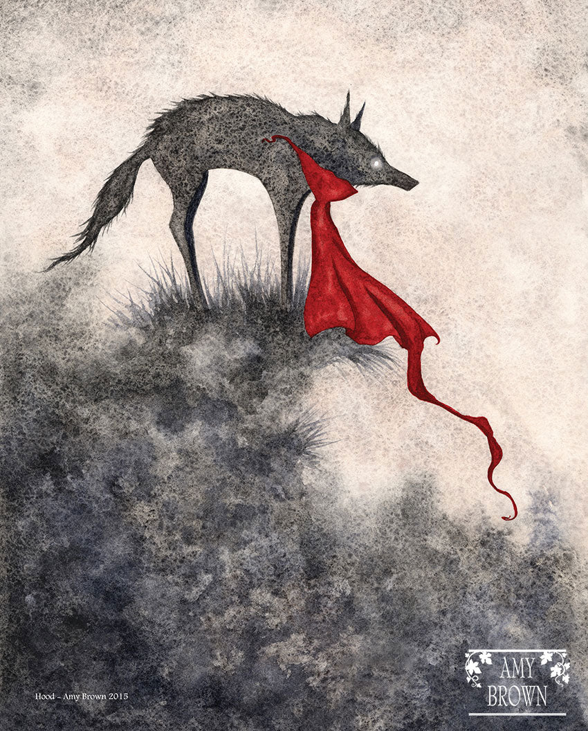 Red Riding Hood "Dark Woods" style print with cloaked figure in granulated watercolors