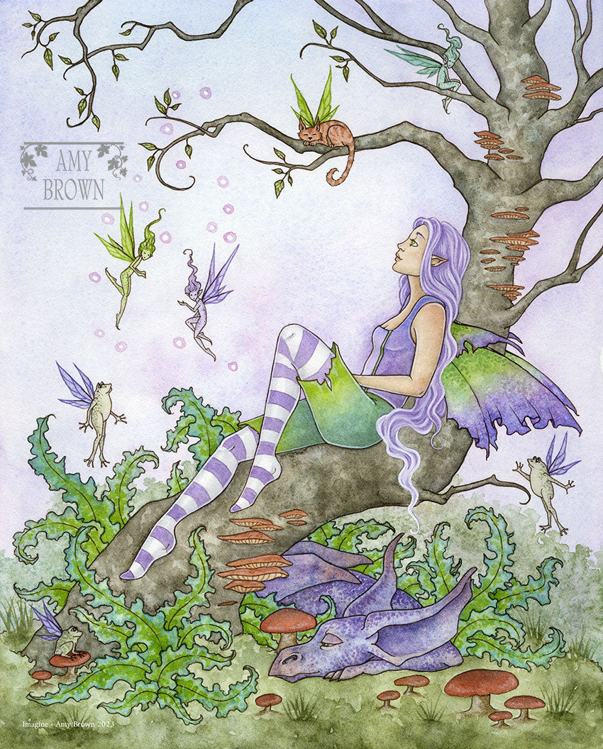 fairy sitting on a tree daydreaming with mythical creatures around her