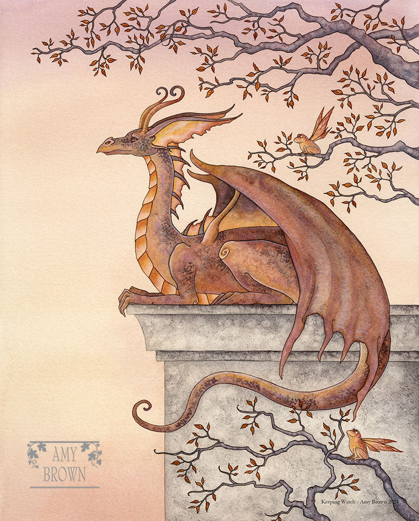 autumn rust colored dragon sitting on a ledge. Fall branches with fairy frogs sitting in them keep the dragon company. 