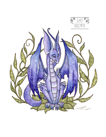 WATERCOLOR PAINTING - Lavender Dragon and Vines 8x10