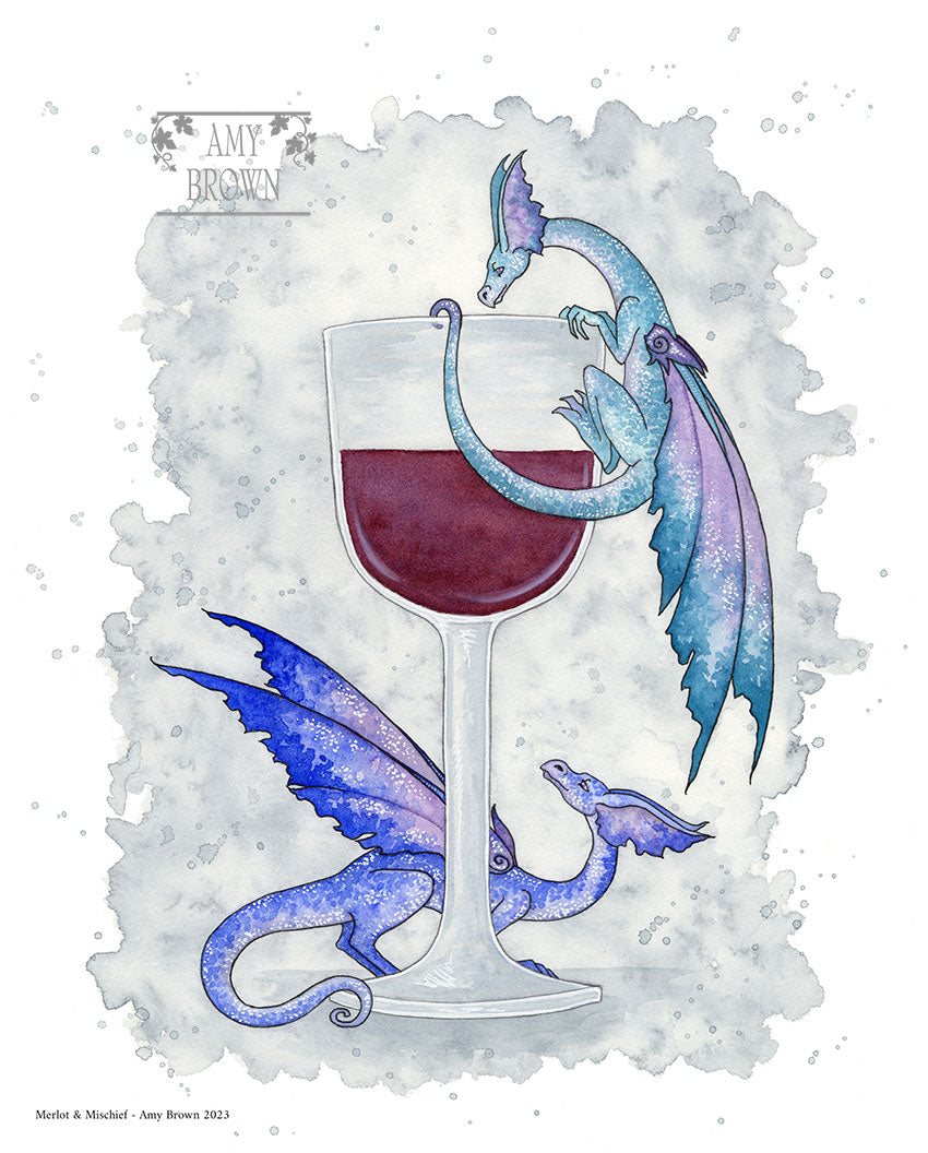 2 tiny dragons play around a wine glass