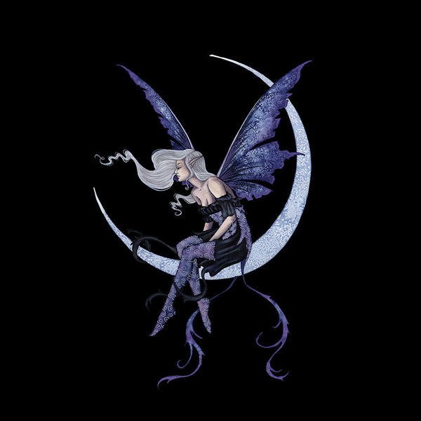 Gothic fairy with purple wings sitting on a crescent moon against a black background