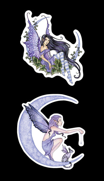 Two fairy stickers on a black background, one with purple wings and the other with white wings.