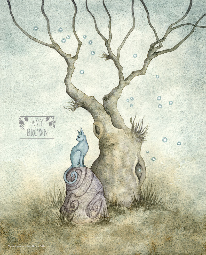 A blue cat sits on a rock under a tree. 