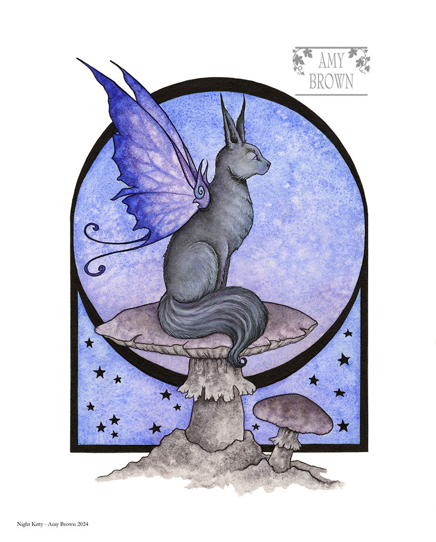 black fairy cat sitting on mushroom with full moon and star accents