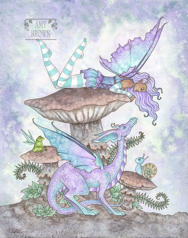fairy lying on a mushroom looks at a dragon below her