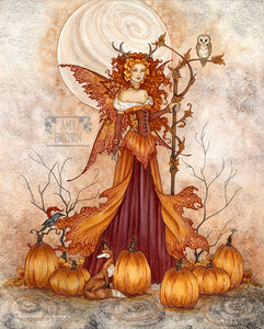 Fall fairy queen standing in a pumpkin patch, surrounded by a fox, row, and owl. 