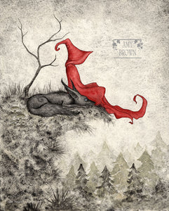 Red Riding Hood "Dark Woods" style print with cloaked figure in granulated watercolors