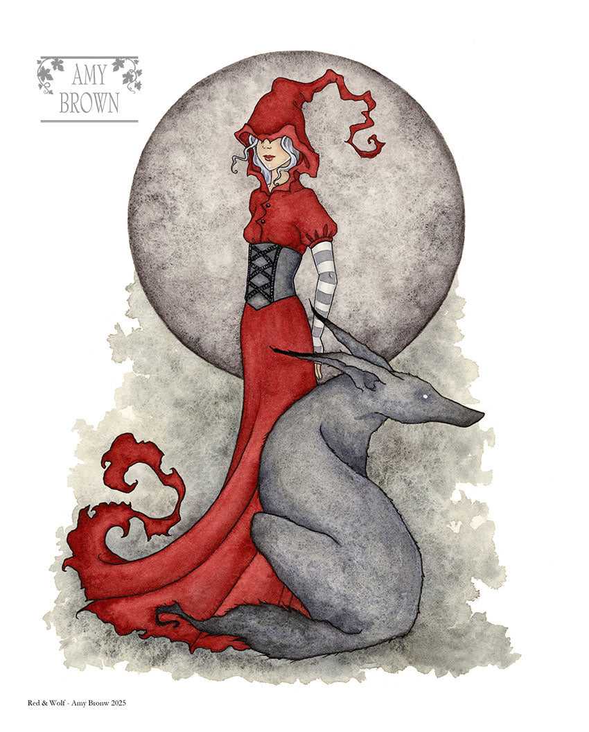 girl in red hood stands behind her wolf friend