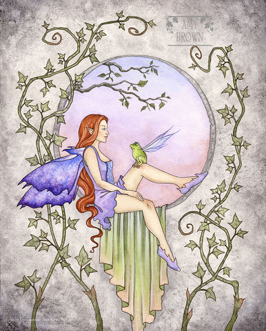 A fairy sit sin a window with a fairy frog on her knee. 
