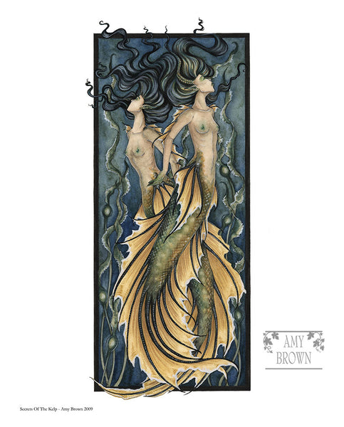 two mermaids are intertwined amongst kelp