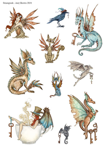 fairies, dragon, cat, gargoyle, crow, antique keys, teacup