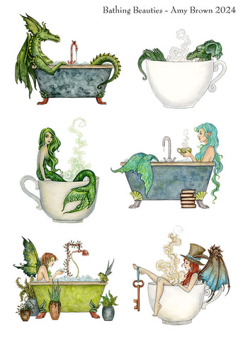 dragon, fairies & mermaids bathing in bath tubs and teacups