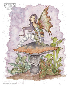 fairy sitting on a shroom with strange plants around her