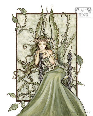 A green fairy queen sit sin a throne of thorns. 