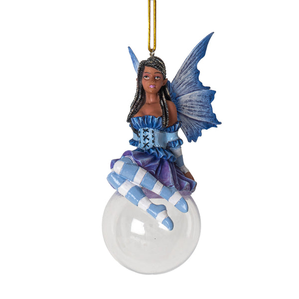 purple fairy sitting on bubble hanging ornament