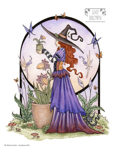 A witch standing in a garden of her magical plants with butterflies and fairies around her. 