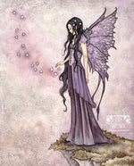purple fairy standing on ledge with stars trailing into sky