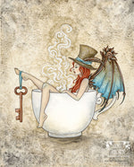 fairy bathing in a tea cup w/ key and top hat