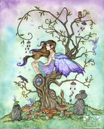 fairy sitting on a tree surrounded by forest critters